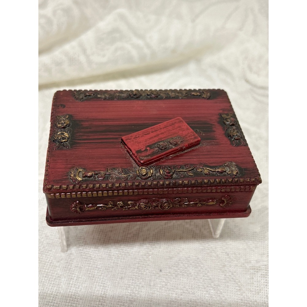 Vintage Style Burgundy Red Floral Relief Jewelry Trinket Box Velvet Lined 4in